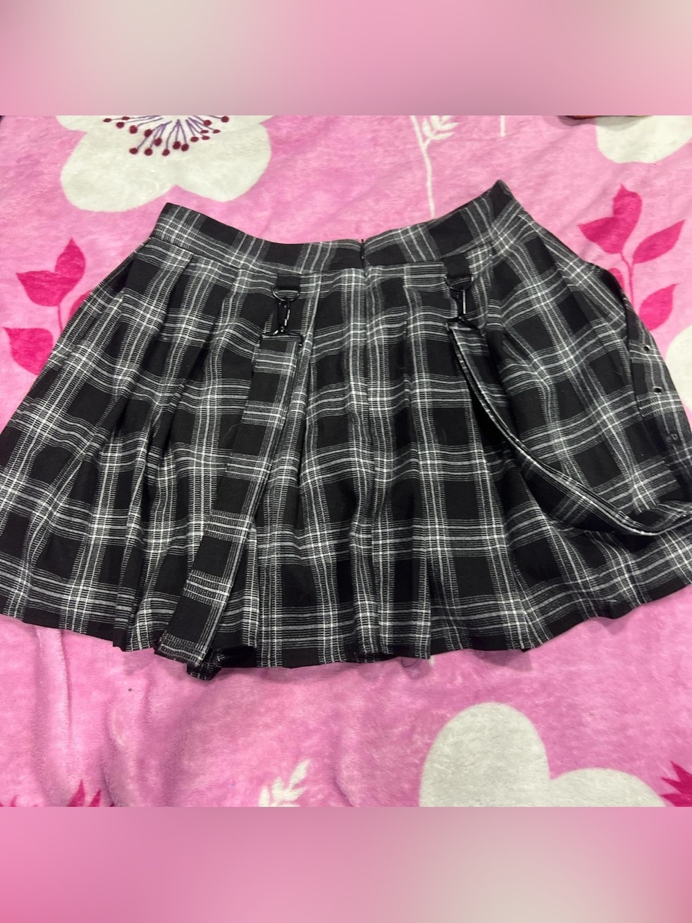 Black Plaid Pleated Skirt with Buckle Detail - Women's Skirt